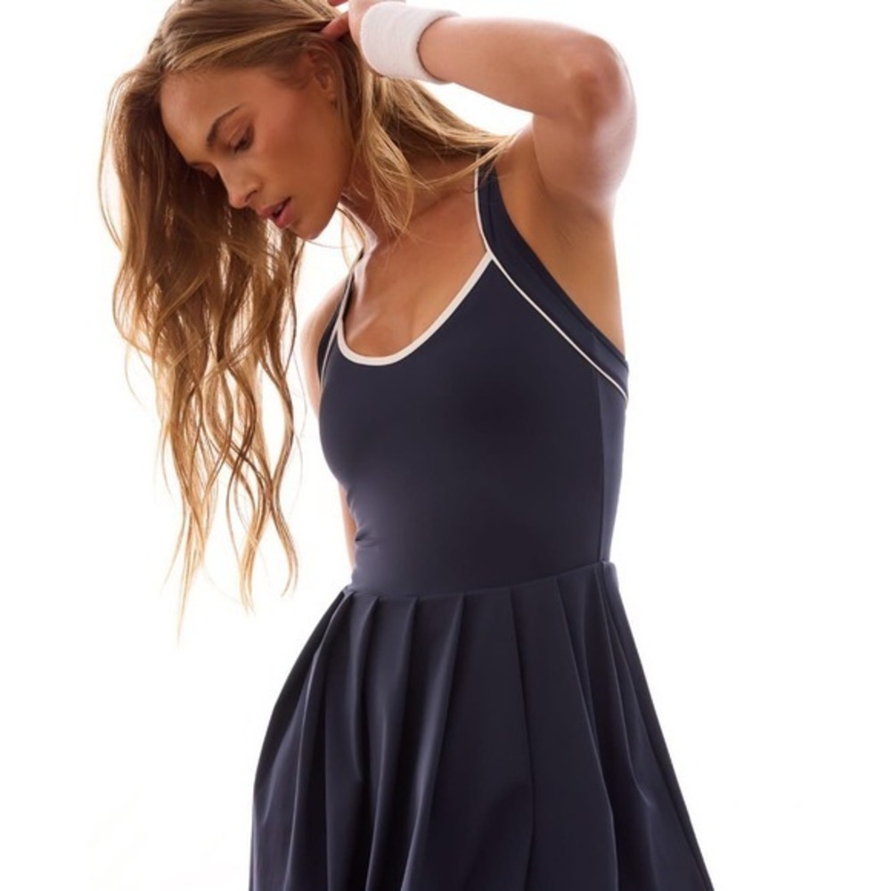 AS Revival Navy Blue Tennis Dress Pleated Skirt Cross Back White Trim Size Small